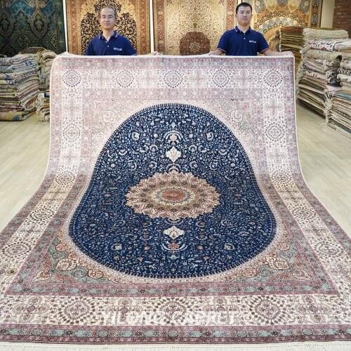 YILONG 8'x10' blue medallion handmade silk persian carpet living room luxury rug (WY323A8x10)