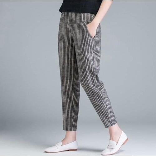 New Arrival Summer Women Pants Plus Size Korea Fashion High Waist Thin Casual Harem Pants Striped Cotton Linen Trousers