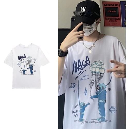 Summer Men High Street Nasa Astronomer Loose T-shirt Hip Pop Retro Cartoon Tee Oversize Letter Printed White Men Cool Tee Tops