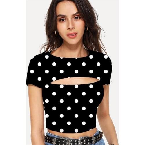 Somepet Dots T shirt Women Black And White Navel Bare Harajuku Hollow Out T shirts Short Sleeve Hip Hop Short Slim O-Neck