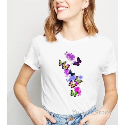 Watercolor Butterfly Print Tshirts Women White T Shirt Femme Harajuku Shirt Kawaii Clothes Paris Style Female T-Shirt