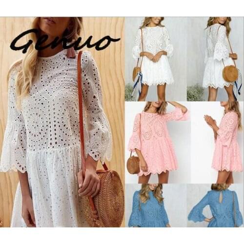 Genuo Women Lace Embroidery Sexy Dress Ruffle Sleeve Causal White Cotton Mini Dresses Hollow Out Short Dress Vestidos 2019 New