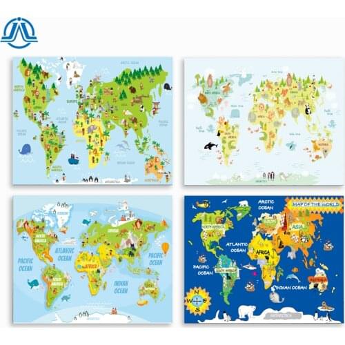 Woodland Animal World Map Poster Art Prints Nursery Decor Watercolor Antarctica Map With Animals Canvas Painting For Kids Room