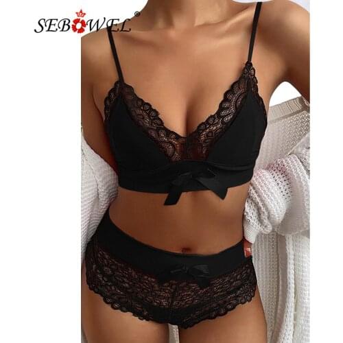 SEBOWEL Black/Red Bowknot Lace Lingerie Set Woman 2021 Patchwork Bra Tops Sexy Bottom Female Lingerie Suit Lenceria Underwear