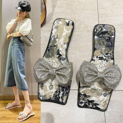 Summer Slippers Ladies Rhinestone Bow Crystal women slippers Square Toe Womens Shoes Female Flat peep-toe comfort shoes