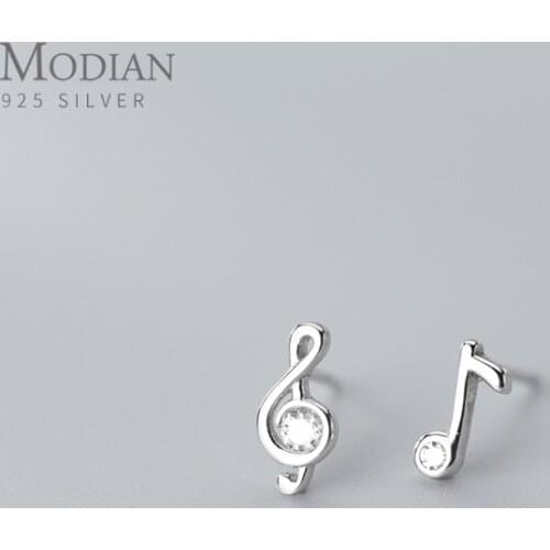 MODIAN Fashion Shiny Zircon Lovely Musical Note Asymmetry Stud Earring for Women 925 Sterling Silver Ear Pin Fine Jewelry Bijoux