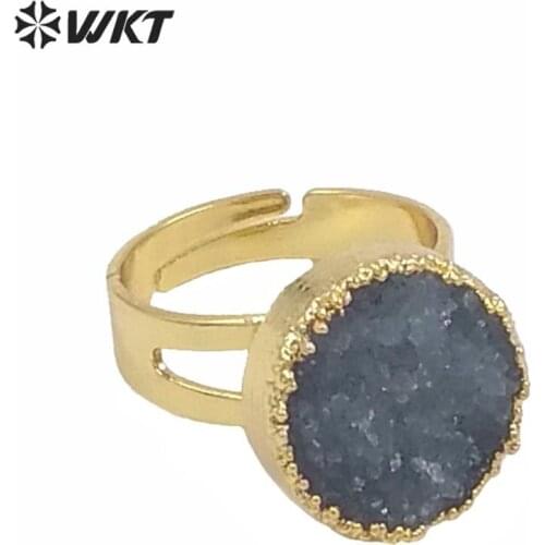 WT-R246 Fashion Design Druzy Ring Jewelry Gift Natural druzy stone raw grey stone rings with 24k gold trim ring stone rings