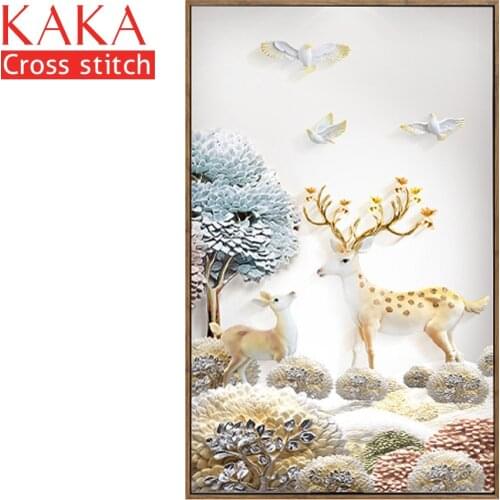 KAKA Cross stitch kits,5D Forest Sika deer Animals,Embroidery needlework sets with printed pattern,11CT canvas,Home Decor Paint