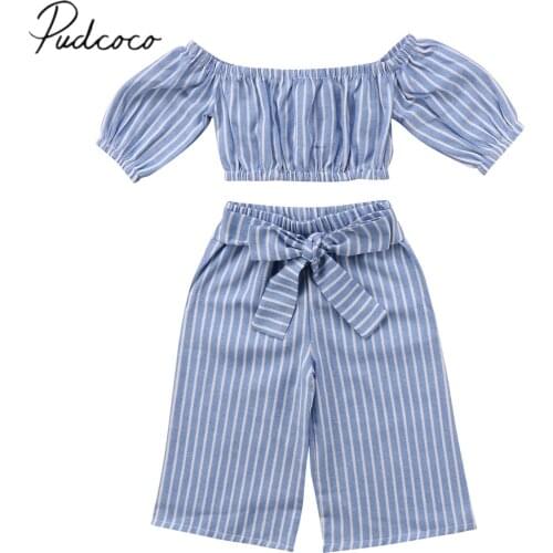 2018 Brand New Toddler Infant Baby Kid Girl Off-shoulder Top Tshirt Cotton Casual Stripe Bowknot Pants Outfits 2Pcs Set Fashion