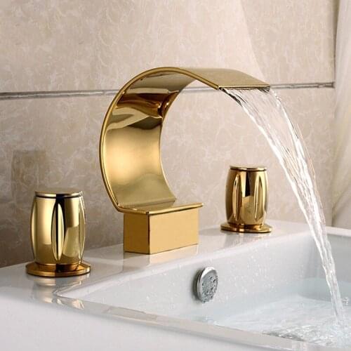 Luxury Gold Brass bathroom sink faucet Waterfall basin faucet Good Quality cold hot water three holes two handle bath faucet