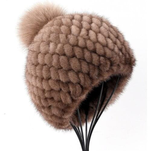 Womens Winter Mink Fur Knitted Hat Real Fur Beanie Caps With Fox Fur Ball Pom Poms