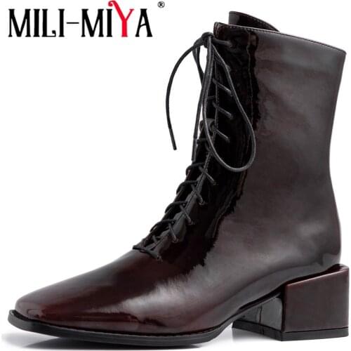 MILI-MIYA Fashion Lace Up Zipper Women Shoes Female Patent Leather Ankle Boots Autumn Winter Luxury Brands Square Toe Chunky Hee