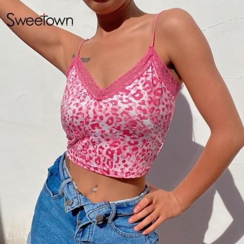 Sweetown Pink Patchwork Lace Edge Leopard Tank Top Women Sleeveless Sexy Party Clubwear V Neck Streetwear Crop Top Y2K Aesthetic