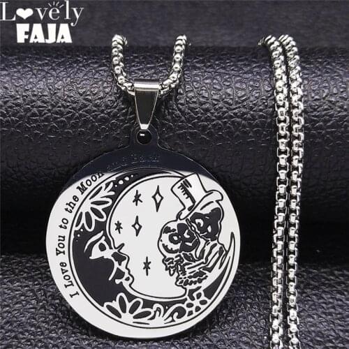 Gothic Mooon Love Couples Skull Stainless Steel Necklaces Silver Color Inverted Pentagram Necklace Jewelry collier N3629S03