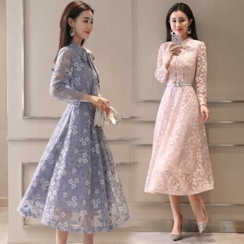 2019 new spring lace long dress women Solid Bow collar long sleeve Office Lady slam thin elegant dresses female Maxi Vestidos