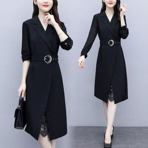 Women Fashion Lace Business Dress Office Ladies Work Wear Party Cocktail Long Sleeve Autumn Belt Slim Casual Loose Dress Clothes