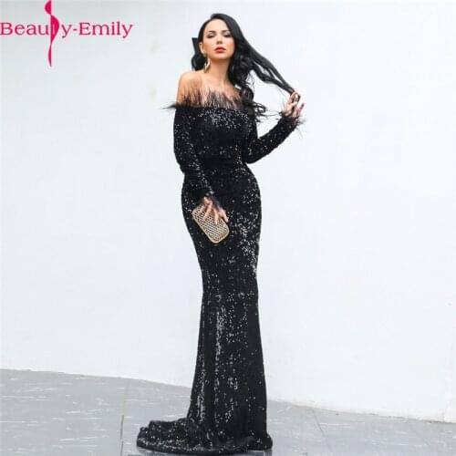 Beauty Emily Sexy Boat Neck Sequined Mermaid Evening Dresses with Feather Elegant Long Sleeve Vintage Formal Dress Mermaid Dress