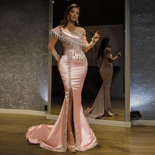 Pink Elegant High Quality Evening Dress Floor Length Split Crtstals Tassel Applique Beadings Mermaid Dress Prom Dress Plus Size