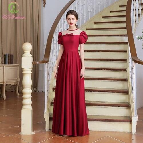SSYFashion Banquet Elegant Evening Dress for Women Wine Red Satin Floor-length Long Prom Formal Gowns Custom Vestidos De Noche