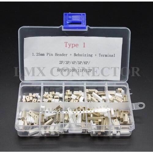 100Set 10 Type Assorted Box 1.25mm Connector Straight Pin 2/3/4/5/6/8/9/10/11/12P (Pin Header + housing + Terminal)