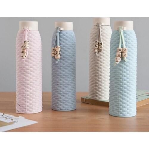 310ML Double Glass Water Bottle Anti-scalding Vacuum Imitation Rattan Bottle with Rope for Girls Tote Cute Water Bottle Round