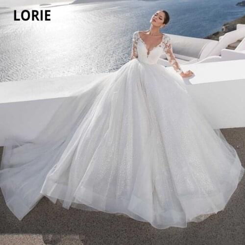 LORIE Glitter Wedding Dresses 2021 V-Neck Appliques Long Sleeves A-Line Beach Wedding Gown White Ivory Boho Bridal Dress