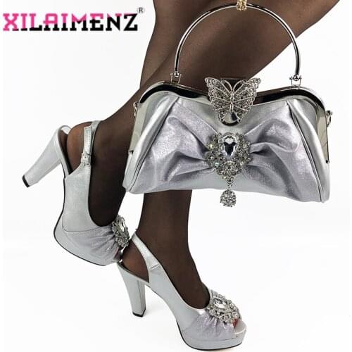 Italian Mature Style Shoes with Matching Bag for Wedding African Silver Color 2020 Shoe and Matching Bag with Shinning Crystal