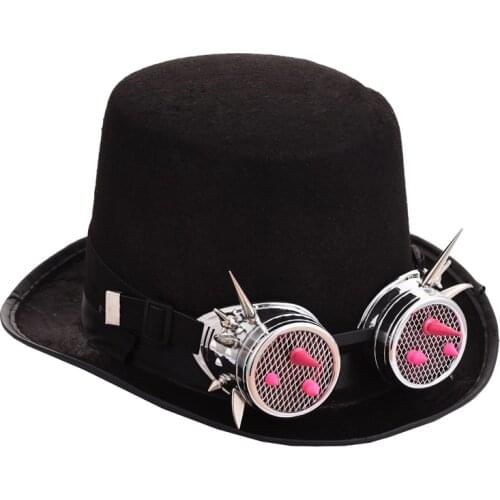 Men/Women Steampunk Hat Pink Glasses Gothic Vintage Top Hats With Rivet Goggles Victorian Cosplay Accessories