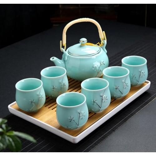 Ceramic Tea Set Japnese Flowers Teapots Handmade Modern Design and Simple Large Cups Tea Tray Bardak Seti Tea Service EI80TS