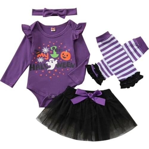 Baby Girls Four-piece Clothes Set Printed Pattern Long Sleeve Romper Culottes Headdress and Leg Warmers Halloween