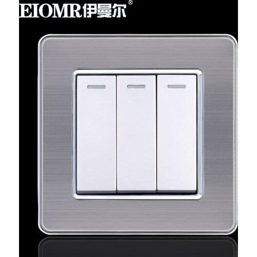 86mm EU White Stainless Steel Metal Wire Drawing Wall Switch for Household Power Supply 3Gang 2Way Switch 250V 16A