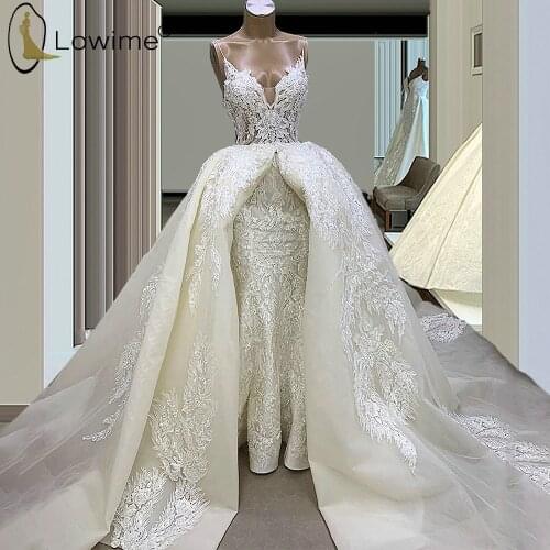 Sexy Ivory Mermaid Lace Wedding Dresses with Detachable Long Train Applique Deep V Neck Bridal Gowns Hochzeitskleider