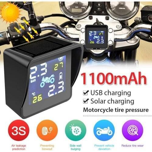 Solar Motorcycle Tire Pressure Monitoring Alarm System USB Charging TPMS 2020 Motor Alarm System With 2 External Sensors