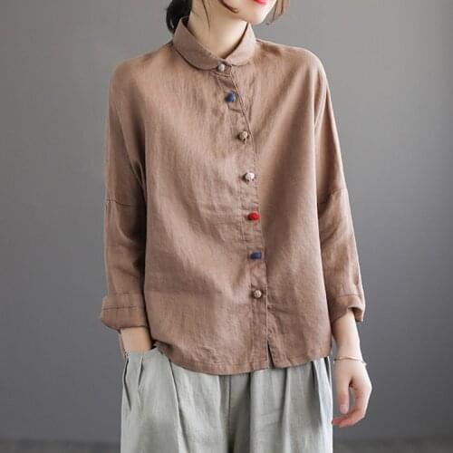 Women Casual Linen Cotton Original Shirt Solid Color Vintage Full Sleeve Tops Peter Pan Collar Blouse 2021 Spring Buttons Loose