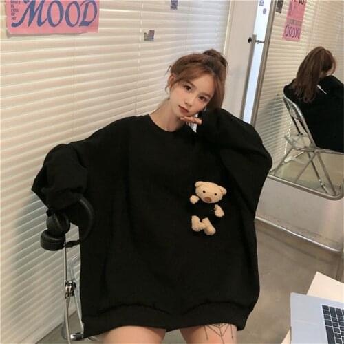 High Street Women Cartoon Print Hoody Bear Cute Students Cool Men Women Autumn Spring white Fashion Harajuku Black Hoodies