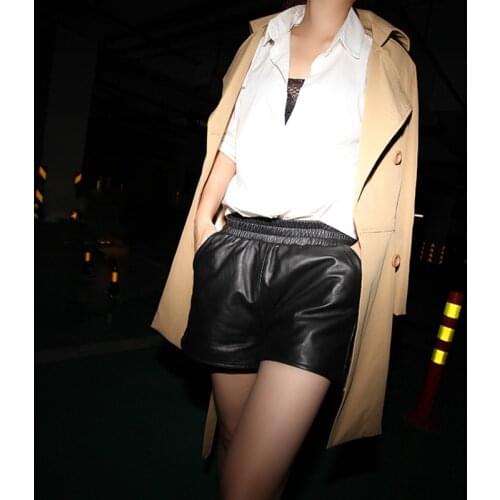 Women Shorts 100% Sheepskin Genuine Leather 2019 Fashion Female Short Design A Real Slim Hip Elastic Waistband
