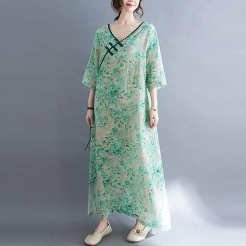 Women Summer Cotton Linen Casual Dress New Arrival 2021 Vintage Style V-neck Floral Print Loose Ladies A-line Long Dresses B414