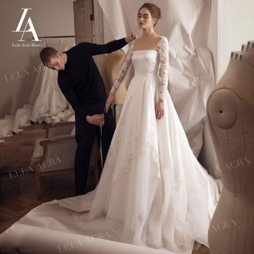 LelaAcra Long Sleeve Wedding Dress 2022 Vintage Appliques Lace Up A-Line Ball Gown Princess Bridal Gown R107 Vestido De Novia