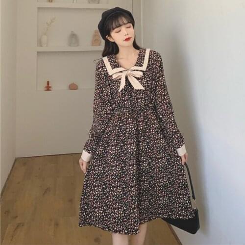 French Style Long Sleeve Floral Dress Womens Autumn and Winter High Waist Slimming Corduroy Midi fairy sweetl olita dress