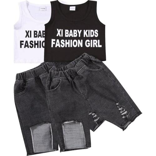 Girl’s Vest and Shorts Suit Fashion Letter Sleeveless Cropped Tops and Ripped Denim Short Pants 3-15T