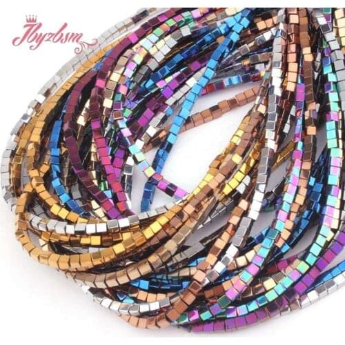 4mm Square Hematite Plated Color Smooth Natural Stone Beads For DIY Jewelry Making Necklace Bracelet Loose Spacer Strand 15"
