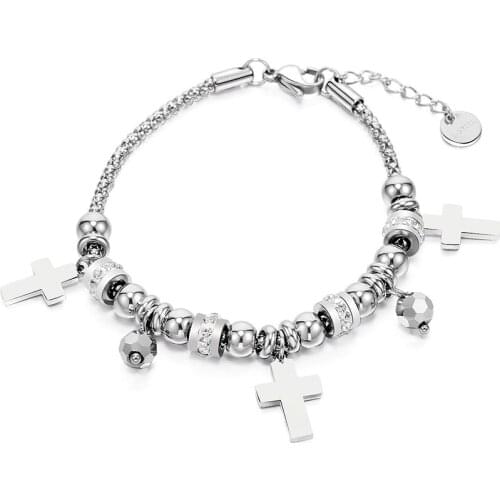 Stainless Steel Crystal Cross Charms Bracelat For Women Color Beaded Bracelet Gift For Family Religious Jewelry 2019 Wholesale