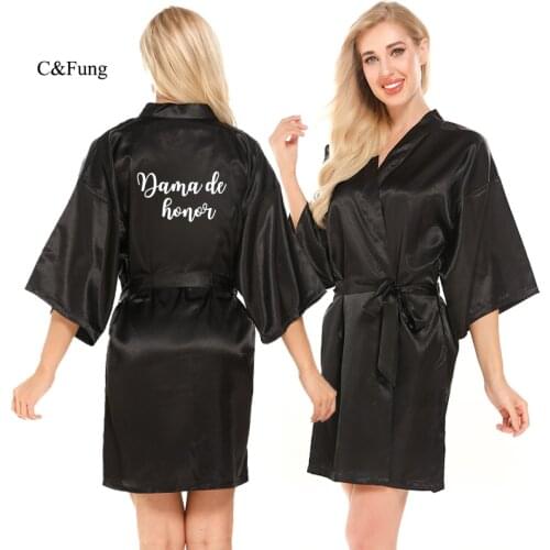 C&Fung sexy black robe bridal satin robe women dama de honor Espanol spanish wedding robe madre de la novia kimono bride robes
