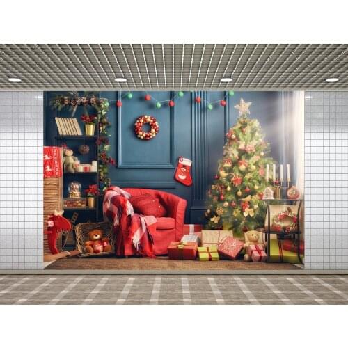 Christmas Tree Photography Background Gift Bear Sofa Indoor Decor Backdrops
