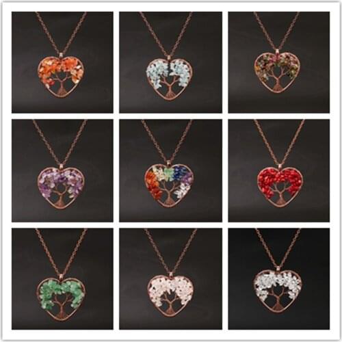 FYJS Unique Copper Plated Wire Wrap Tree of Life Tourmaline Stone Pendant Love Heart Necklace Rock Crystal Jewelry