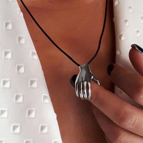 Smooth Silver Color Palm Hug Pendant Necklace Creative Punk Black Braided Rope Chain Jewelry Fashion Party Accessories Gift