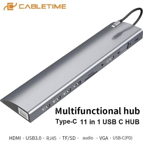 CABLETIME Multi USB C HUB 11 in 1 to HDMI 4K USB 3.0 PD Charging Aux 3.5mm SD TF Card Reader RJ45 for Laptop Macbook H12