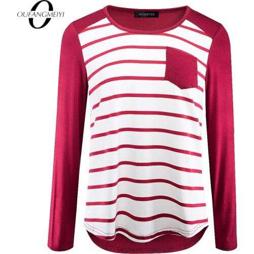 Autumn Brief Loose Stripe with Pocket Soft T Shirt Women Casual Warmer Patchwork Tops ET055