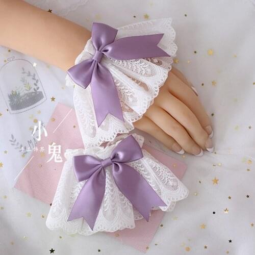 Sweet Lolita Hand Wrist Cuffs Bowknot Cute Lace Trim Maid Cosplay Accessories For Women Teen Girls Party Vintage