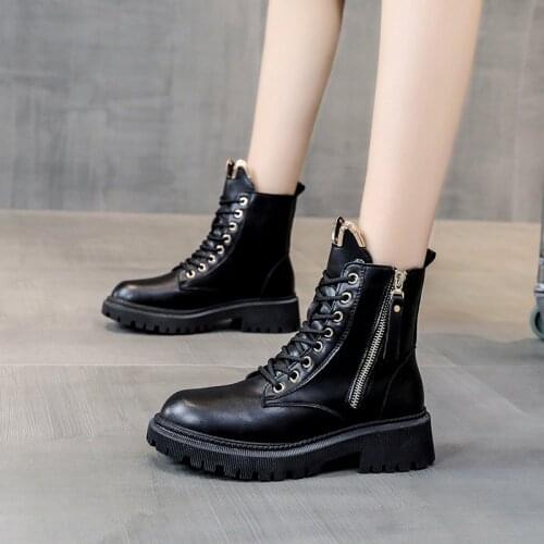 Fashion Round Toe Martin Boots Low-heeled Keep Warm Ankle Boots Solid Color Patent Leather Women Shoes Zapatillas Mujer Winter